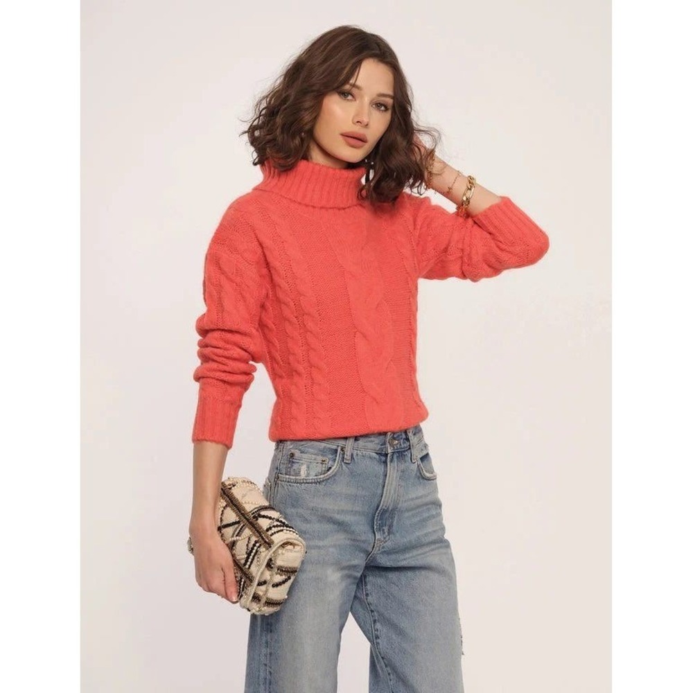 Revolve Heartloom Sweaterβ XS Cable Knit Turtleneck Wool Blend Orange Feminine